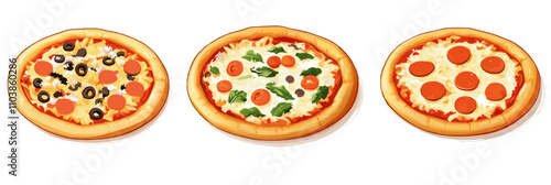 Variety of pizzas with different toppings, featuring pepperoni, vegetables, and cheese. Three distinct pizzas displayed, each with unique ingredients., vector illustration, isolated, flat