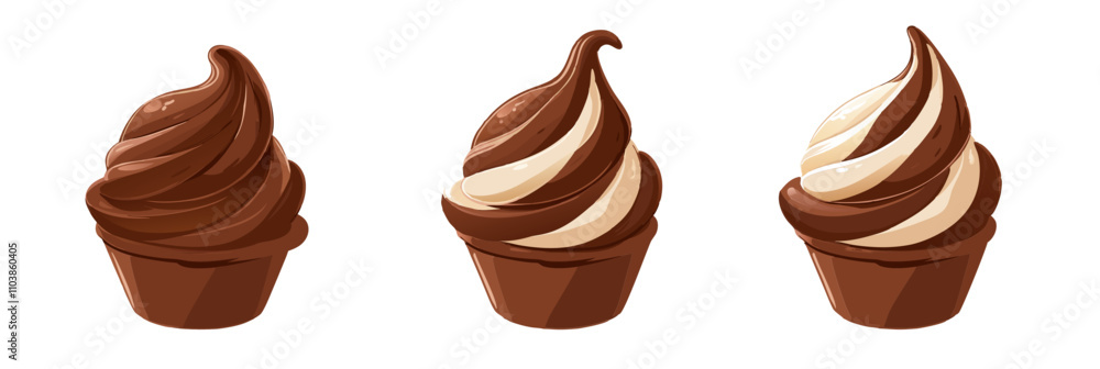 Chocolate vanilla swirl ice cream cones, three variations, creamy texture, rich colors, dessert treat, vector illustration, isolated, flat Chocolate vanilla swirl ice cream cones, three variations, creamy texture, rich colors, dessert treat, vector illustration, isolated, flat