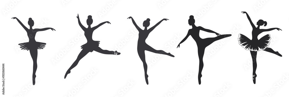 Ballet dancers silhouettes showcasing various poses and movements, elegant forms, graceful lines, artistic representation of ballet, vector illustration, isolated, flat Ballet dancers silhouettes showcasing various poses and movements, elegant forms, graceful lines, artistic representation of ballet, vector illustration, isolated, flat