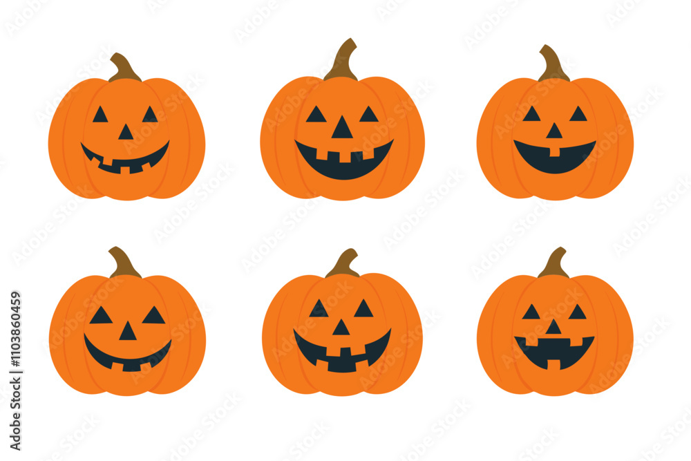 Halloween pumpkins with various faces, six orange pumpkins displayed, featuring different facial expressions, cheerful and spooky designs, vector illustration, isolated, flat Halloween pumpkins with various faces, six orange pumpkins displayed, featuring different facial expressions, cheerful and spooky designs, vector illustration, isolated, flat