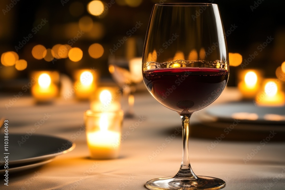 A glass of red wine on a table illuminated by soft candlelight. A glass of red wine on a table illuminated by soft candlelight.
