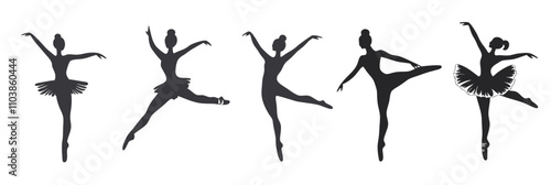 Ballet dancers silhouettes showcasing various poses and movements, elegant forms, graceful lines, artistic representation of ballet, vector illustration, isolated, flat