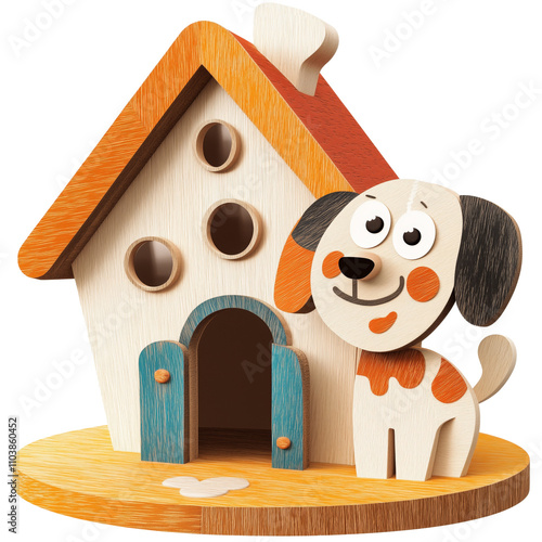 Dog wooden house cutout decor design, isolated on white. Colorful wooden house with funny dog, toy for kids, PNG file on transparent background.