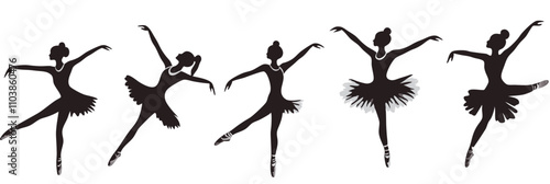Ballet dancers silhouettes showcasing various poses and movements, elegant forms, graceful lines, artistic representation of ballet, vector illustration, isolated, flat