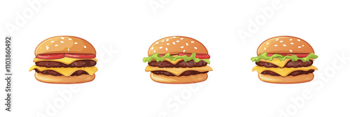 Colorful cartoon burgers with cheese, lettuce, ketchup, and sesame seed buns. Three stacked burgers showcasing different layers and toppings., vector illustration, isolated, flat