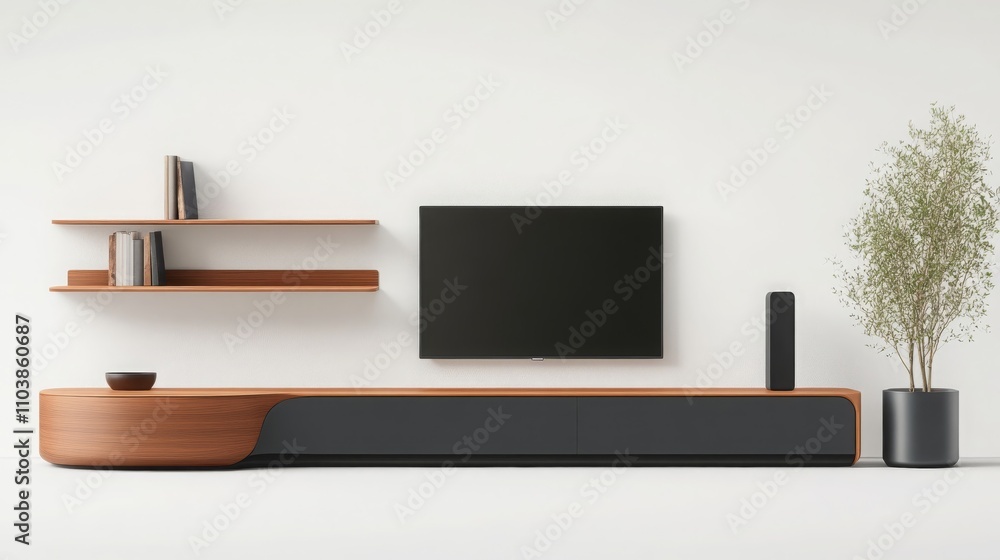 Modern Minimalist TV Stand with Floating Shelves Plant