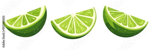 Lime slices, vibrant green color, fresh fruit, juicy texture, arranged in a row, ideal for culinary use, cocktails, garnishes, vector illustration, isolated, flat