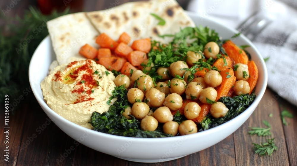A colorful bowl of chickpeas, vegetables, hummus, and flatbread, showcasing healthy eating. A colorful bowl of chickpeas, vegetables, hummus, and flatbread, showcasing healthy eating.