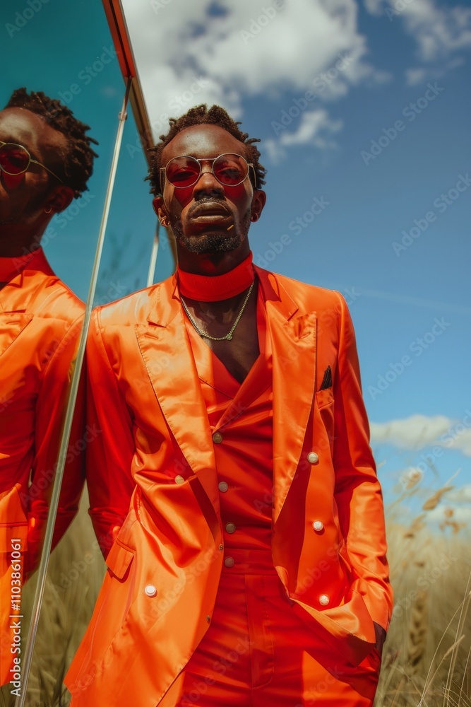 Stylish man in vibrant orange suit with sunglasses leaning against glass wall reflecting summer sky and clouds in backgroundfashion Stylish man in vibrant orange suit with sunglasses leaning against glass wall reflecting summer sky and clouds in backgroundfashion
