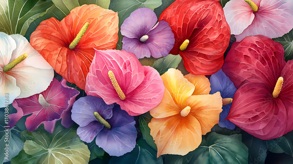 custom made wallpaper toronto digitalVibrant tropical floral arrangement featuring hibiscus and violets in various colors, creating lively and cheerful atmosphere