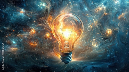 A glowing light bulb floats in a cosmic backdrop, symbolizing creativity, inspiration, and the infinite possibilities of the universe.