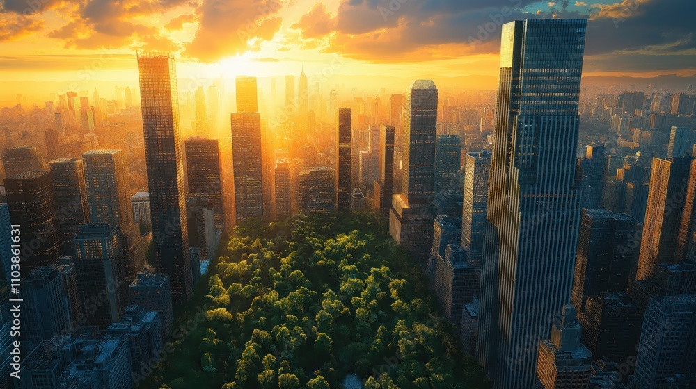 Fototapeta premium A city skyline with a park in the middle