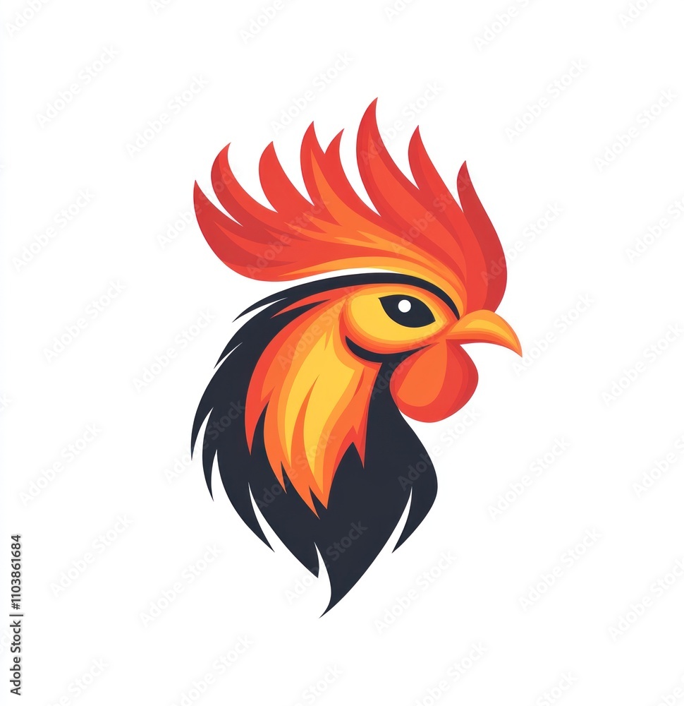 Fiery rooster head illustration, vibrant colors, stylized design. Fiery rooster head illustration, vibrant colors, stylized design.