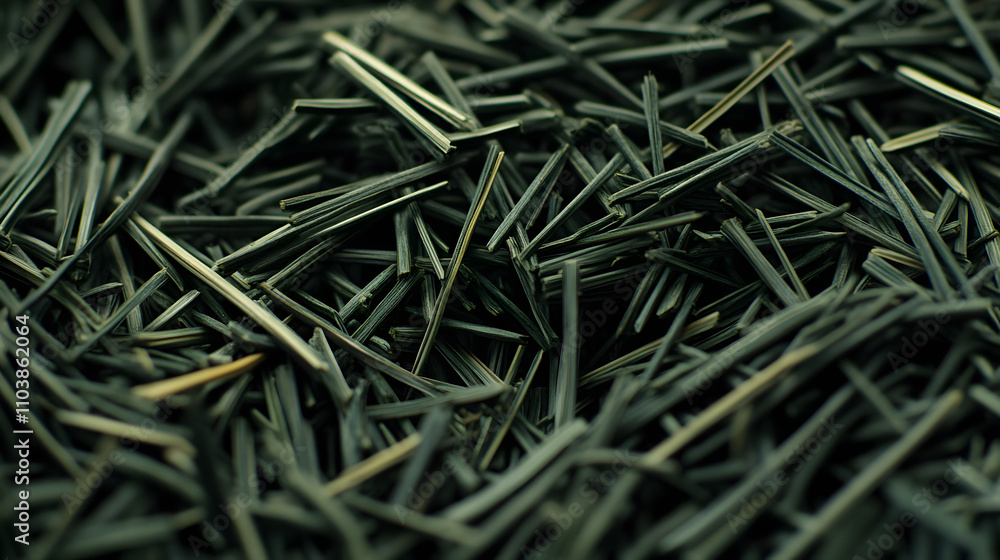 Close-up shot of a pile of dark green, slender, needle-like objects, possibly dried herbs or plant material. Texture and detail are emphasized. Close-up shot of a pile of dark green, slender, needle-like objects, possibly dried herbs or plant material. Texture and detail are emphasized.