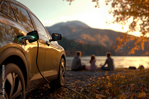 Electric Vehicle Charging at Scenic Lakeside Family Picnic Autumn Colors Natural Relaxation