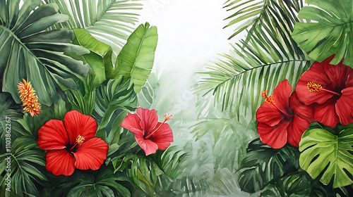 vibrant tropical garden path featuring lush green leaves and bright red hibiscus flowers, creating serene and inviting atmosphere