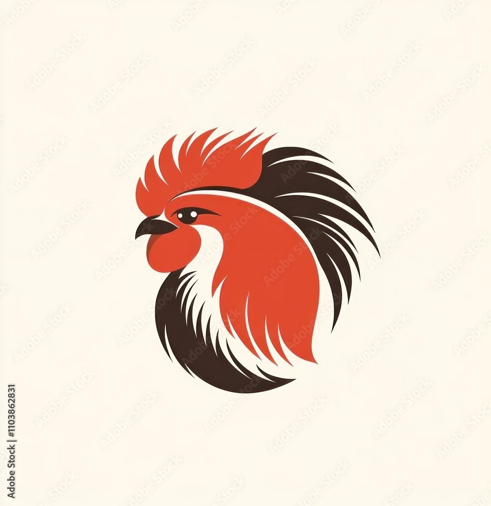 Here's a description and keywords for the image.. Rooster head, stylized logo design. Red and brown illustration. Here's a description and keywords for the image.. Rooster head, stylized logo design. Red and brown illustration.