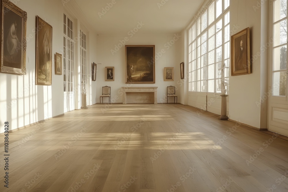 Sunlit gallery, paintings, wooden floor, calm. Sunlit gallery, paintings, wooden floor, calm.