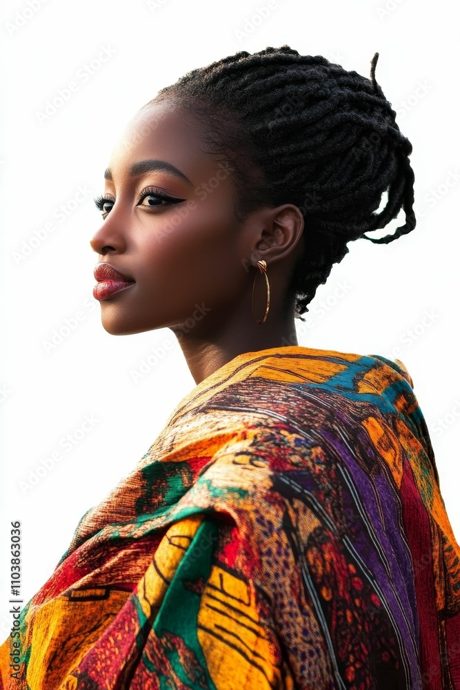 Beautiful Black woman, colorful patterned wrap. Beautiful Black woman, colorful patterned wrap.