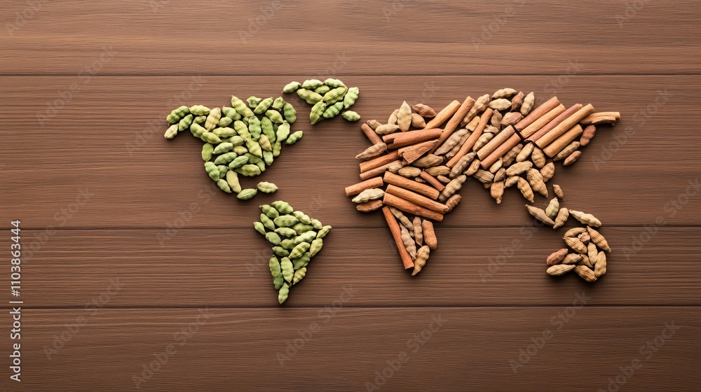 World Map Shaped from Cardamom and Cinnamon Spices on Wood World Map Shaped from Cardamom and Cinnamon Spices on Wood