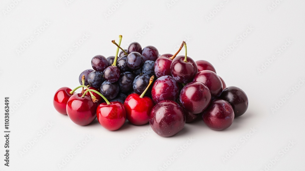 A vibrant assortment of fresh cherries and blueberries, showcasing their rich colors and textures against a clean, white background.