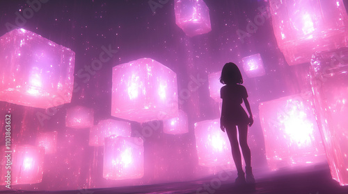 Exploring a surreal landscape with glowing pink cubes and a figure silhouetted against a cosmic backdrop. Generative AI