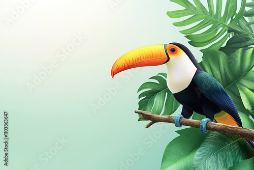 Bright toucan on a branch, tropical leaves backdrop. photo