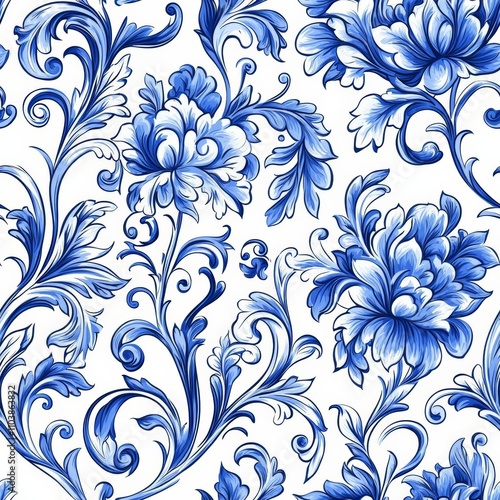 A seamless pattern featuring elegant blue leaves on a white background, perfect for textiles or wallpapers. , isolated on white background, , copy space, copy space for text,