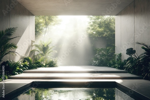 Outdoor minimalist pavilion, surrounded by tropical vegetation, with smooth concrete textures and reflective water pools enhancing the serene ambiance photo