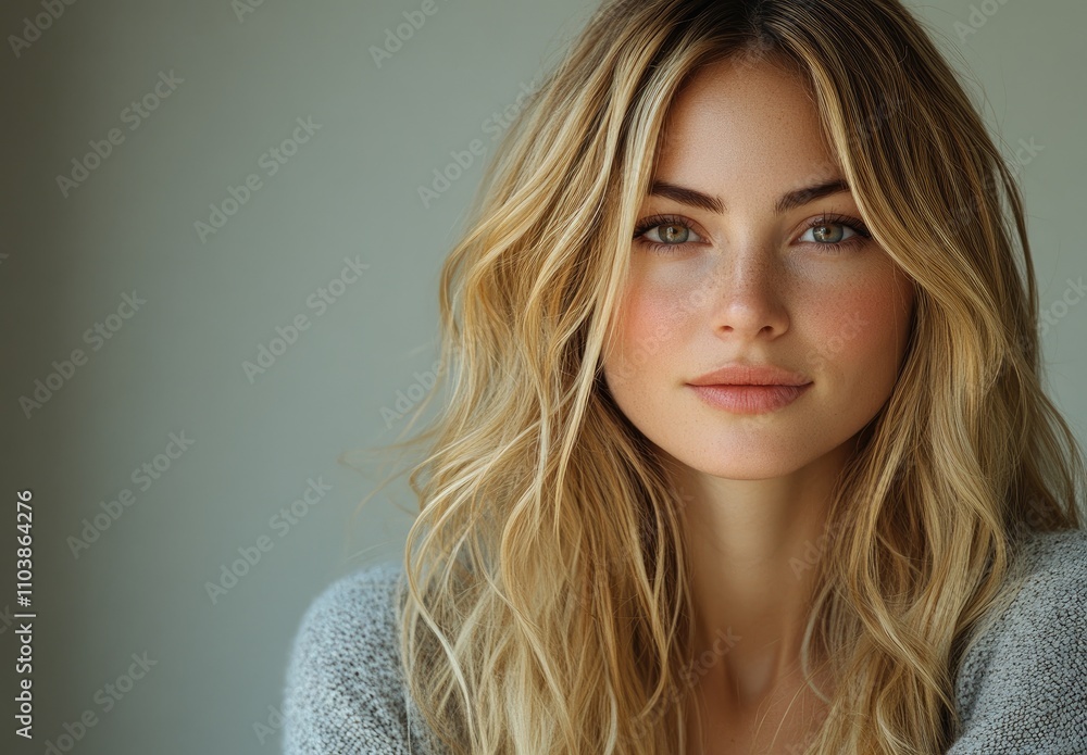 Fototapeta premium A close-up portrait of a woman with wavy hair and a natural look.