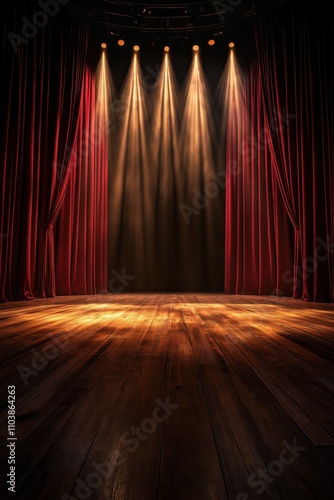 A stage with red curtains and a spotlight on the stage