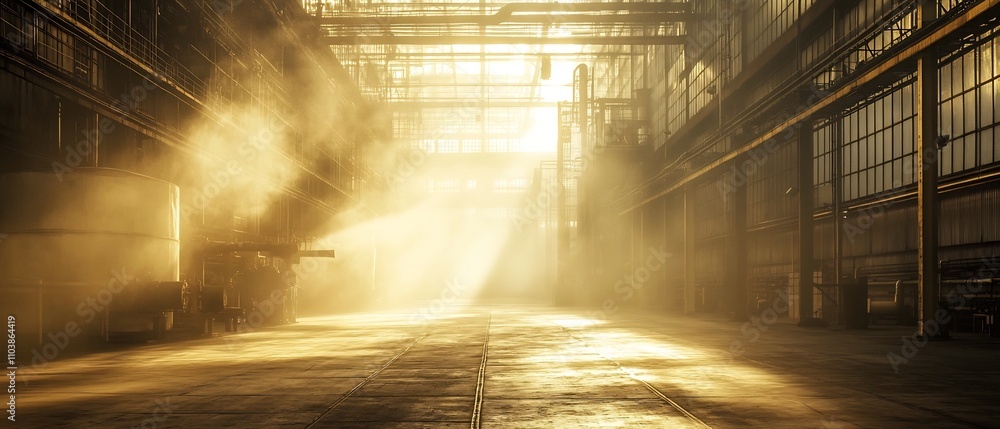 Quiet and desolate factory floor with abandoned motionless machinery standing in the dim rays of sunlight filtering through the hazy dust filled atmosphere Quiet and desolate factory floor with abandoned motionless machinery standing in the dim rays of sunlight filtering through the hazy dust filled atmosphere