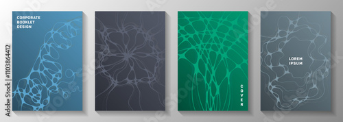 Scientific vector covers with molecular structure or nervous system cells. Intersecting waves render backgrounds. Soft banner vector templates. Laboratory research report covers.