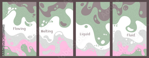 Melting vibrant waves pattern summer front pages. Bubble splashes and streams vector pack box covers. Fluid liquid flowing paint flyers. Wavy surface posters. Liquid droplets, melting shapes