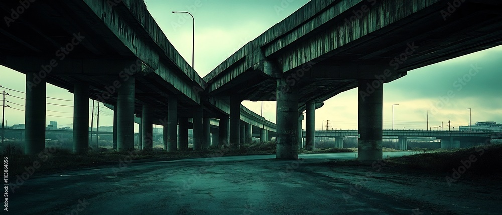 Towering highway overpass casting long deep shadows its concrete and steel structure concealing hidden shapes and mysterious whispers beneath its looming presence An atmospheric Towering highway overpass casting long deep shadows its concrete and steel structure concealing hidden shapes and mysterious whispers beneath its looming presence An atmospheric