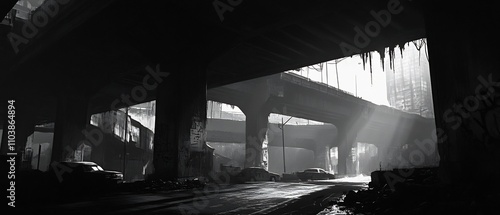 Shadowy depths of an industrial highway overpass its cavernous structure casting an ominous atmosphere and revealing ambiguous shapes and whispers  A moody