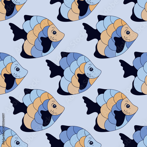 Cute coral reef fish seamless pattern design. Saltwater creatures swimming. C...