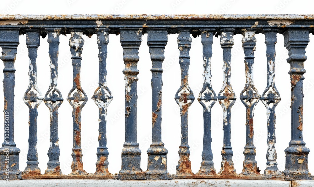 Fototapeta premium Rusty, ornate, metal railing, decaying paint.