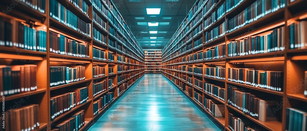 Quiet and softly illuminated library hallway featuring endless rows of bookshelves and empty study desks creating a serene and scholarly atmosphere for focused research and learning Quiet and softly illuminated library hallway featuring endless rows of bookshelves and empty study desks creating a serene and scholarly atmosphere for focused research and learning