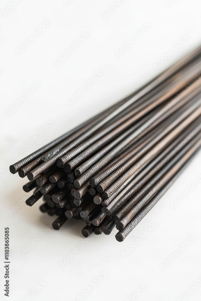 Bundle of dark metal rods, neatly stacked. Bundle of dark metal rods, neatly stacked.