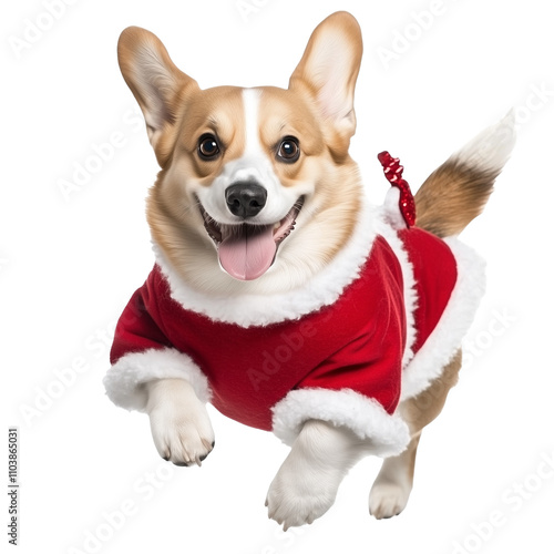 Full body shot of Pembroke Welsh Corgi dog, running happily, smiling. Wearing Christmas costume.