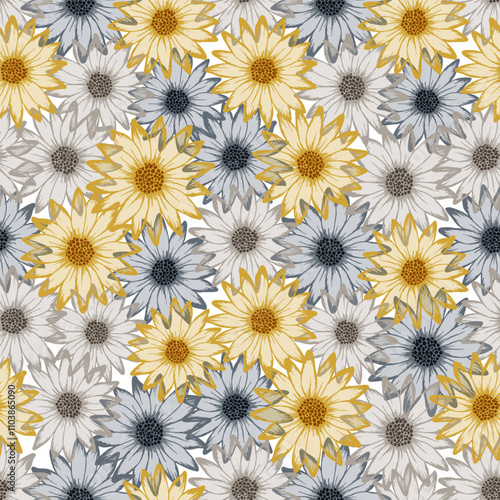 Chamomile rustic vector seamless pattern. Rudbeckia daisy bloom with transpar...