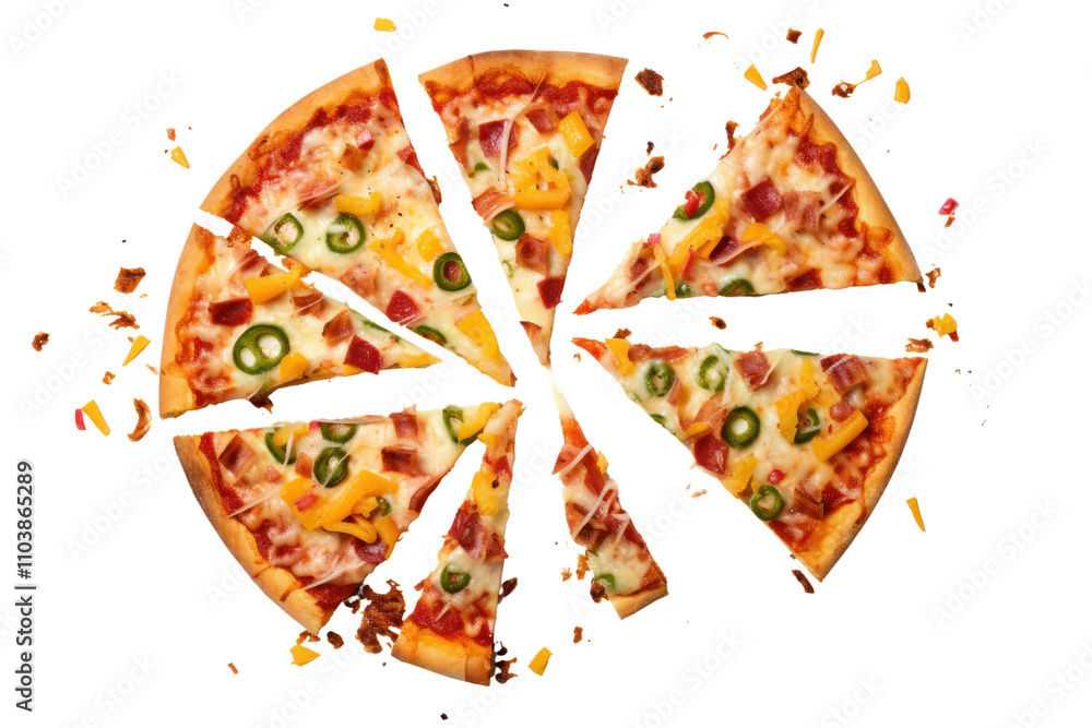 A visually striking image of pizza slices, each with unique toppings like jalapeos, pineapple, and extra cheese, caught in mid-air against a clean white backdrop, emphasizing their deliciousness. A visually striking image of pizza slices, each with unique toppings like jalapeos, pineapple, and extra cheese, caught in mid-air against a clean white backdrop, emphasizing their deliciousness.