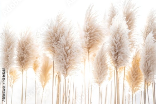 Beautiful golden sunlight shines through soft waying tall dry grasses , isolated on white background,  , copy space, copy space for text, photo