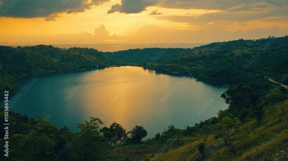 Golden Sunset Over Serene Hilltop Lake Landscape Golden Sunset Over Serene Hilltop Lake Landscape