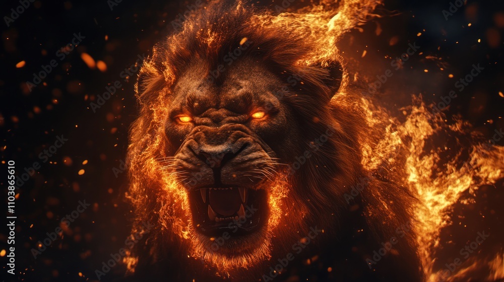 fierce lion engulfed in flames, showcasing power. fierce lion engulfed in flames, showcasing power.