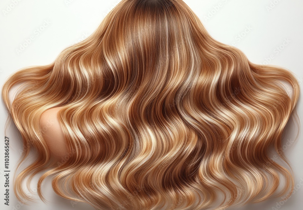 A close-up view of flowing, wavy hair in warm blonde tones against a plain background. A close-up view of flowing, wavy hair in warm blonde tones against a plain background.