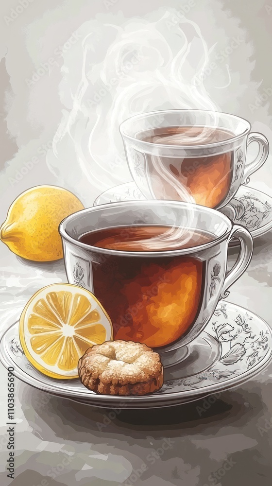 A cozy scene featuring steaming tea cups, lemon slices, and cookies on decorative plates. A cozy scene featuring steaming tea cups, lemon slices, and cookies on decorative plates.