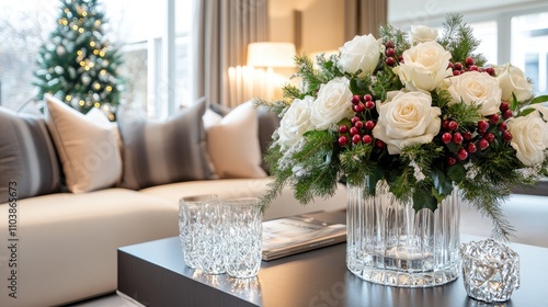 Wallpaper Mural A beautiful arrangement of white roses and red berries is displayed in a sleek silver vase atop a dark coffee table in a chic living room, complemented by plush cushions. Torontodigital.ca