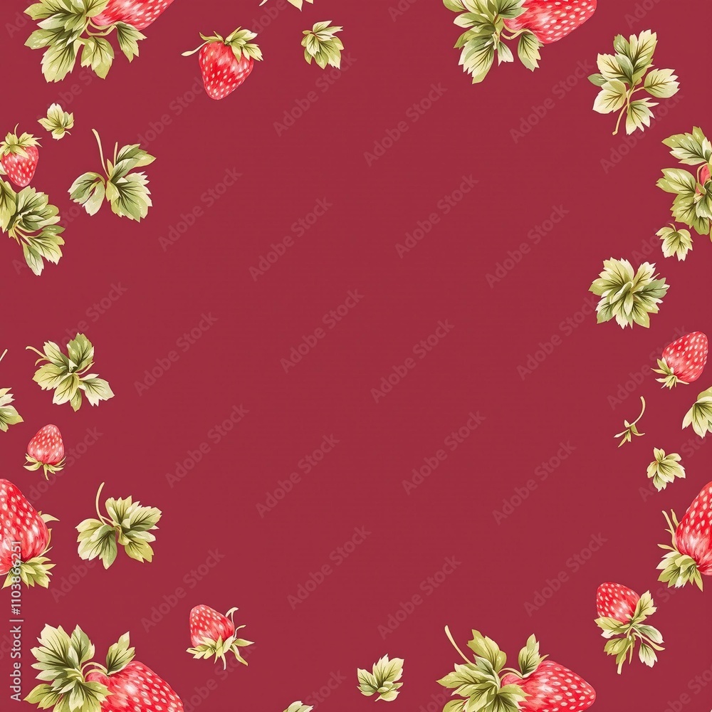 Obraz premium Burgundy backdrop with watercolor strawberries and leaves seamless pattern, artistic, natural, whimsical, organic